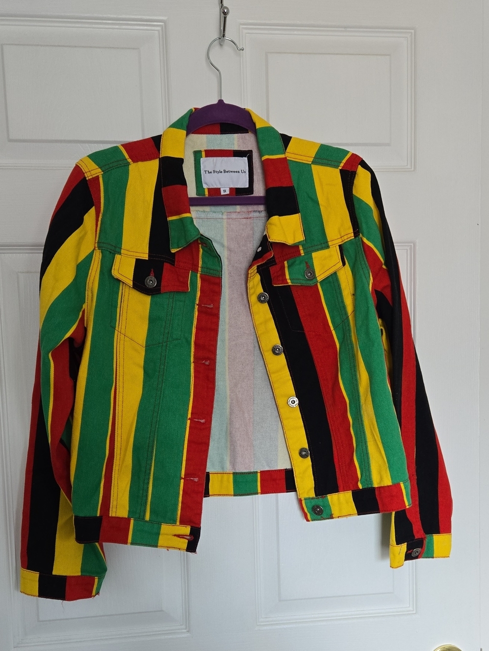 The Style Between Us Multicolor Striped Denim Jacket - Green/Yellow/Red/Black